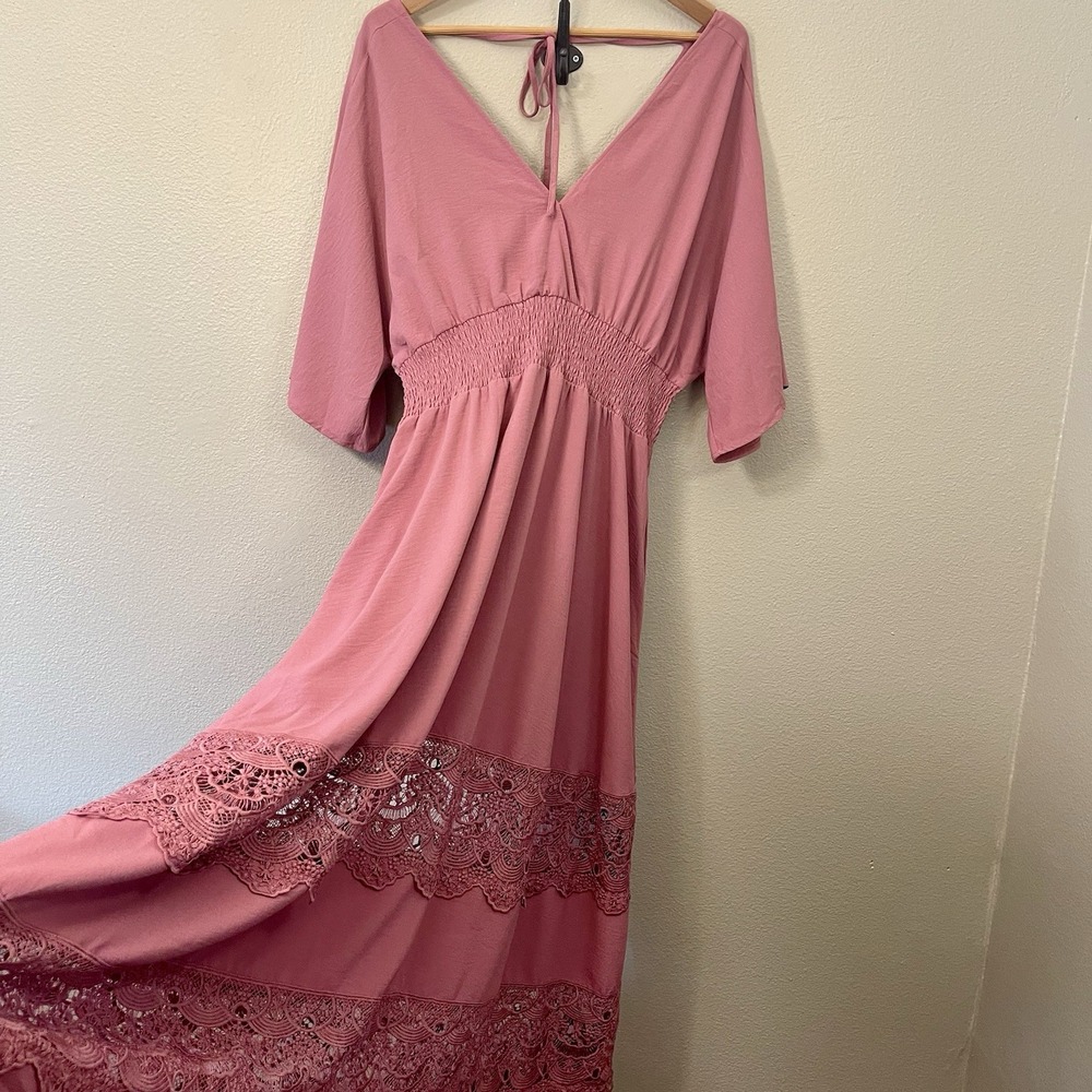 Olaesa Boho Lace Maxi Dress Kimono Sleeve Smocked Waist Tiered Mauve Size XXL